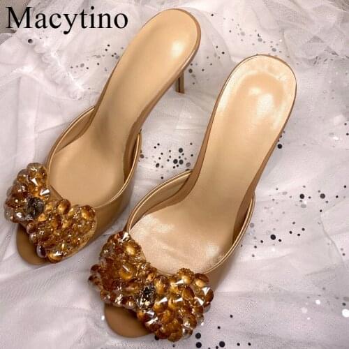 2020 Fashion High Heels Slipper Women Crystal Slippers Leather Luxury Designer Ladies Street Beach Sandals Slides Shoes