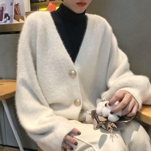 Womans 2021 New Elegant Long Sleeve Mohair V-neck Sweater Single-Breasted Female Short Cardigan Soft Flexible Knitted Outwear