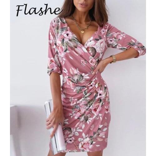 Women V Neck Floral Print Dress Boho Spring Summer Flower Print Summer Office Short Dress Female Elegant Party Vestidos 2021