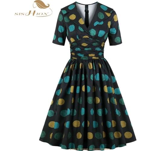 SISHION Short Sleeve Elegant Green Dress with Colorful Large Polka Dots VD1930 Turn Down Collar A Line Vintage Party Dresses