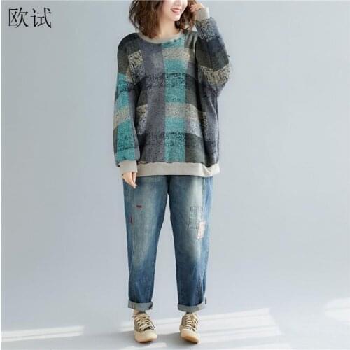 Plus Size Winter Kintted Sweater Clothes Women Velvet Warm plaid print kint Cashmere Sweaters Woman Korean Style Pullover L-4XL