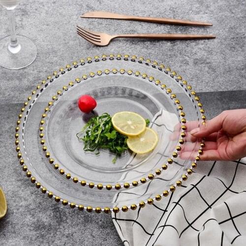 Christmas Gold Rim glass pearl tray transparent glass beads plate fruit cake Western dish plate golden edge plate