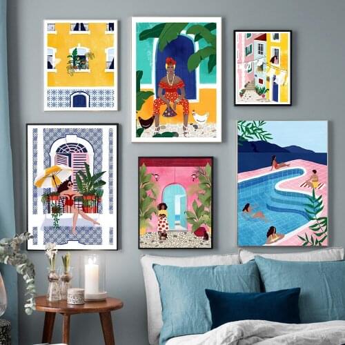 Abstract Lisbon Girl Wall Art Print Marrakech Building Pool Lady Canvas Painting Nordic Poster Wall Pictures for Living Room