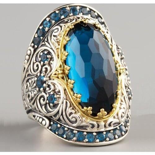Big Blue Stone Ring for Men Punk Jewelry Carved Pattern Knuckle Rings Men Championship Rings Bague Masculine aquamarine ring