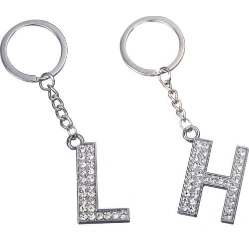 A-Z Initial Letter Keychain Crystal Rhinestone Keyring Silver Color Metal Key Ring Chain Handbag Car Key Holder Pendant Unisex