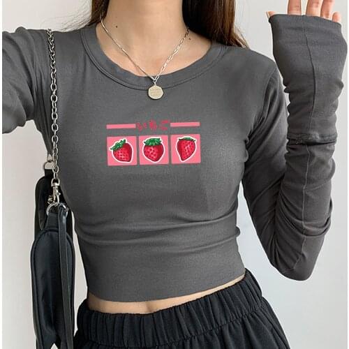 Kawaii Strawberry Harajuku Streetwear TShirt Women Cotton Pants Sets Long Sleeve Tight T-Shirt Casual Fashion Female Gothic Tops