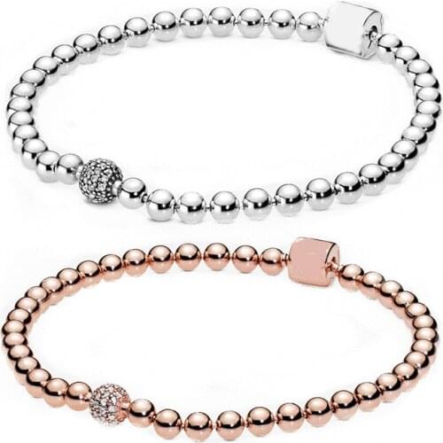 Beads & Pave Bracelet 100% 925 Sterling Silver Beads & Pave Bracelet Fit European Charms Diy Jewelry
