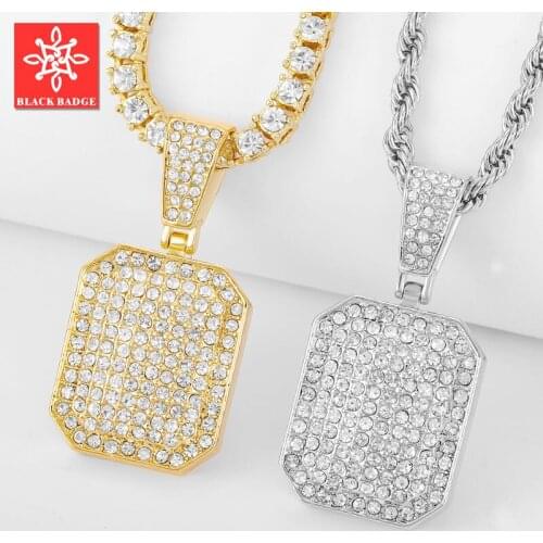 2021 round cut imitation rhinestone dog tag hip hop mens pendant tennis necklace military Cuban chain gift