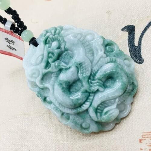 Zheru pure natural Jadeite carved light green two-color oval dragon pendant with green bead chain sweater chain Send A certifica
