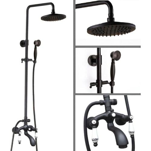 Black Oil Rubbed Brass Dual Ceramic Handles Bathroom 8 Inch Round Rain Shower Faucet Set Bath Tub Mixer Tap Hand Shower mhg135