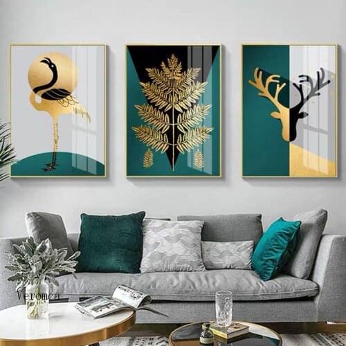 Living Room Decor Painting Modern Light Luxury Golden Flamingo Deer Antlers Leaves Canvas Poster for Bedroom Dining Hall
