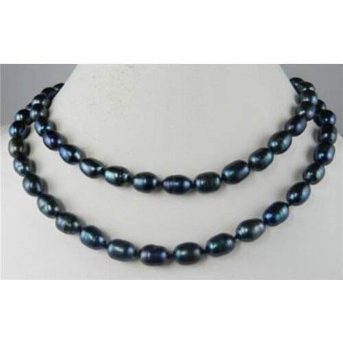 Long 32"8-9mm Genuine Natural Rice Black Akoya Cultured Pearl Jewelry Necklace