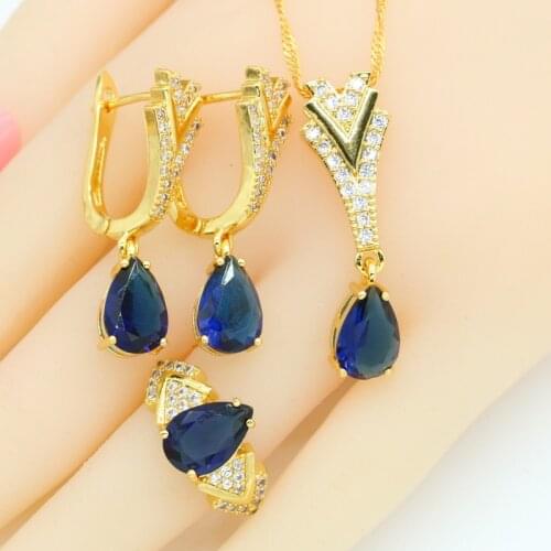 Dubai Gold Color Jewelry Set for Women Blue White Green Semi-precious Earrings Necklace Pendant Rings Gift Box