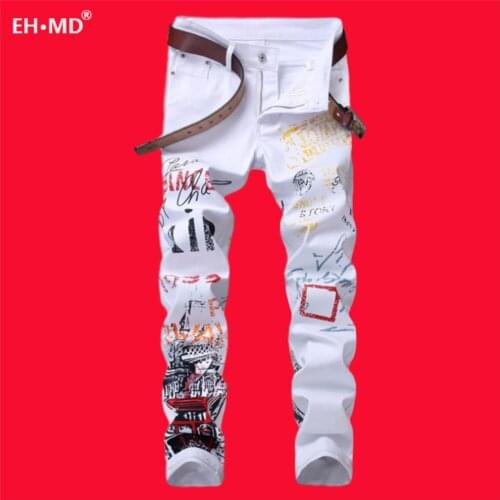 EH · MD® White Graffiti Jeans Mens Cartoon Print Night Scene Cotton High Street Zipper Trousers Slim 2020 Trend Color Art Words