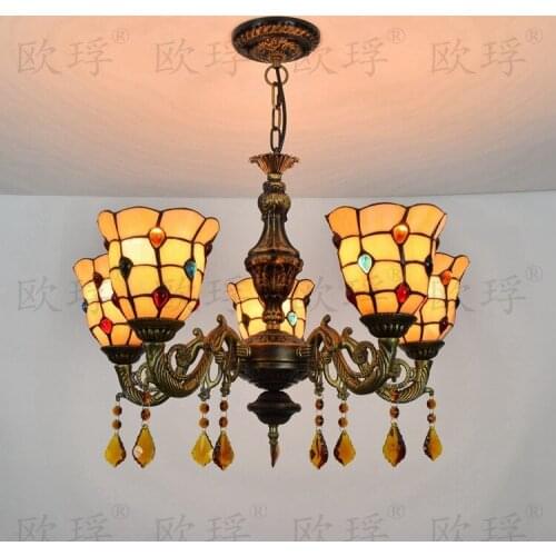 European bar 5 heads Living room bedroom Crystal lamps Tiffany Stained glass Restaurant Pendant Lights 110-240V E27