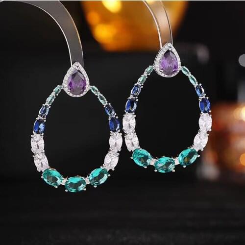 EYER Luxury Bilincolor Wedding Bridal Crystal Cubic Zirconia Big Oval Hollow Earrings Women Wedding Party DangleDrop Earrings