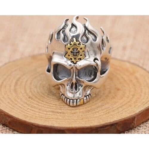 Fire Skull Solid Silver 925 Wide Mens Ring 100% Sterling Silver 925 Men Jewelry Cool Gothic Skull Ring Antique Thai Silver Gifts