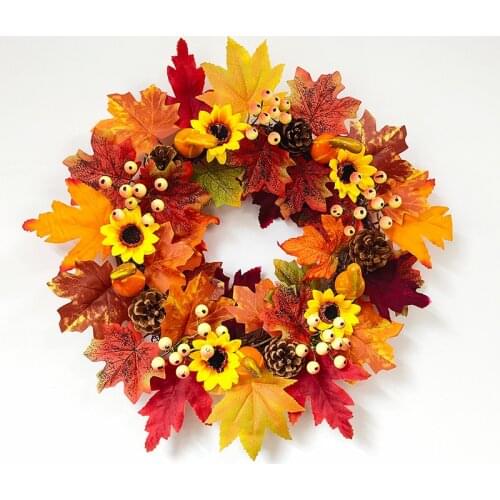 Hot Autumn Wreath Artificial Garland Sunflower Pumpkin Decorative Wreath Halloween Door Ornament Wall Hanging Maple Leaf Wreath