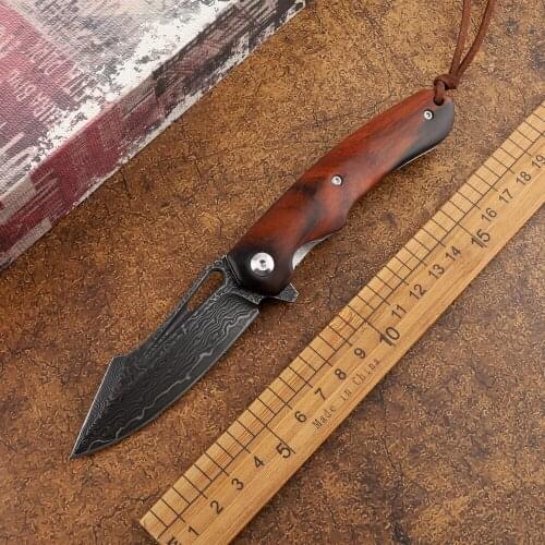 Pocket Damascus VG10 Wooden Handle Ball Bearing Hunting Outdoor Camping Self-defense Survival Sharp EDC Tool Fruit Folding Knife