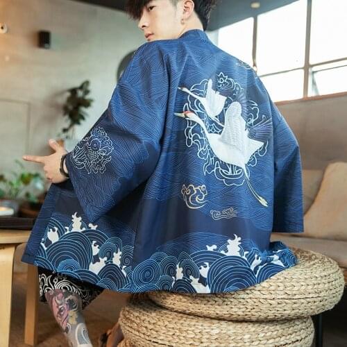 Blue Crane Print Kimono Cardigan Men Casual Japanese Yukata Loose Kimono Jacket Male Cosplay Streetwear Satin Kimono Jacket