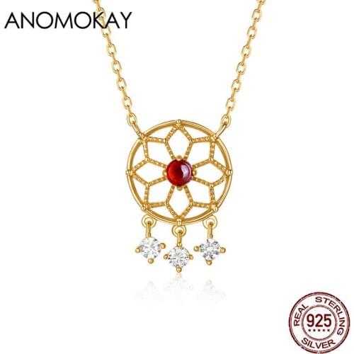 Anomokay Trendy Hollow Out Dreamcatcher Gold Color Necklace for Women Girl Gift 100% Sterling 925 Silver Necklace with Zircon