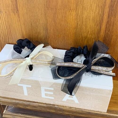 Korean rhinestone organza bow knot head rope rubber band temperament tie hair ball head headdress large intestine hair ring