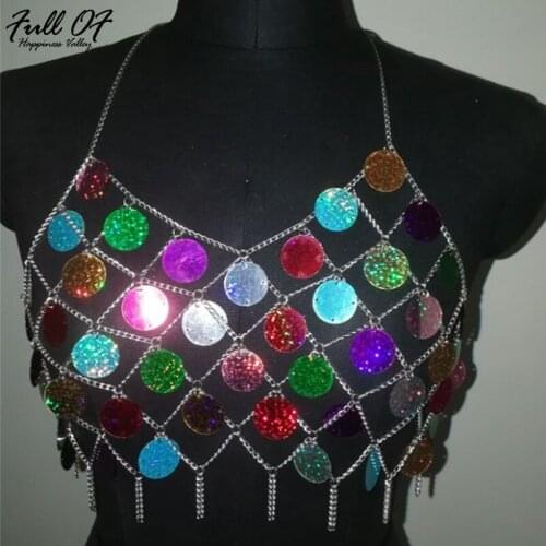 Sexy metal Body Chest chain Crop Tops Women Summer Beach Halter Bling cropped shirt Sequins luxury Nightclub queen Tank top bra