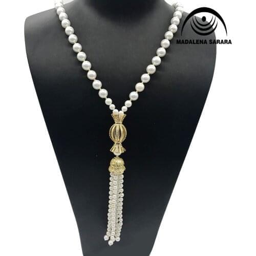 MADALENA SARARA 8-9mm AAA Freshwater Pearl Necklace White Pearl Necklace With AAAA Cubic Zirconia Pendant Sweater Necklace