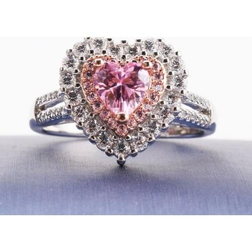 Sweet Pink Heart 925 Serling Silver Plated 1.0ct 6.0mm AAAAA Cubic Zircon Wedding Engagement Ring Bijoux Gift for Girlfriend