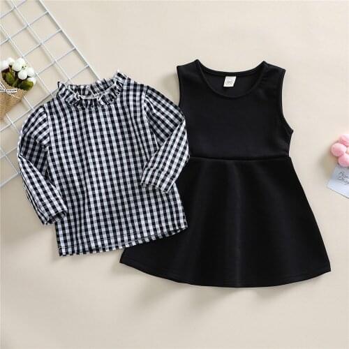 2021 0-5Y Fashion Kids Baby Girl Clothing Set Ruffle Collar Plaid Print Long Sleeve Shirt+Black Vest A-line Dress Fall 2pcs