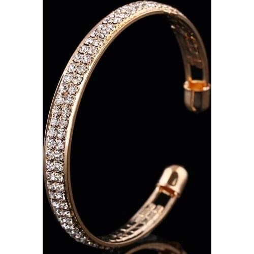 Fashion Crystal Cuff Bracelet 2 Rows Rhinestone Charms Open Bangle Wrap for Women Jewelry Bridal Wedding Accessories Wristbands