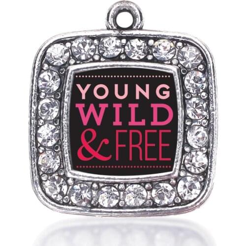 YOUNG WILD AND FREE SQUARE CHARM ANTIQUE SILVER PLATED CRYSTAL JEWELRY