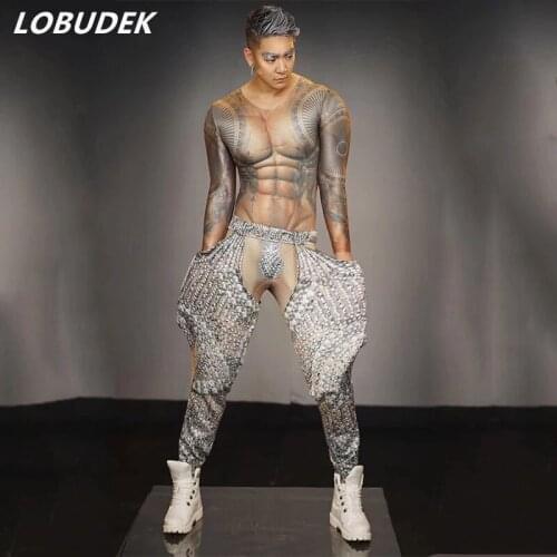 Muscle Man Tattoo Jumpsuit 3D Printing Stretch Jumpsuits Skinny Tights Bar Nightclub DJ Singer Dancer Pole Dancing Stage Costume