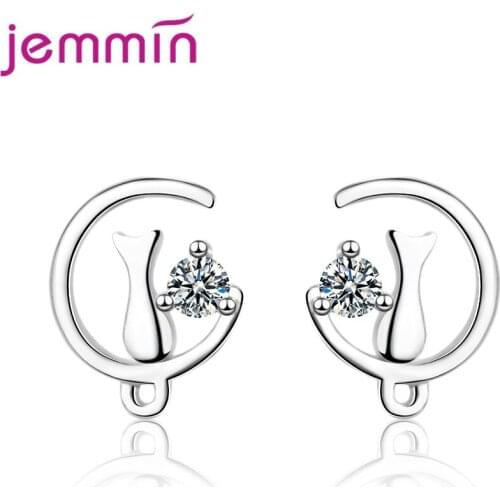 New Korean Fashion 925 Sterling Silver Jewelry Moon Cat Design Stud Earrings CZ Cubic Zircon Earrings For Women
