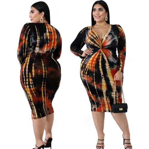 Womens Autumn Long Sleeve V-neck Dress Plus Size Printed Long Skirt Plus Size 6XL Sexy Women Kink Fashion Clothing Party Dress