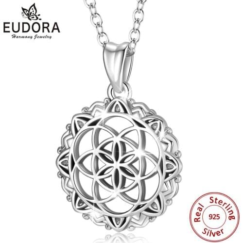 EUDORA Genuine s925 Silver Flower of life Pendant Necklace Plant Jewelry Ladies teen girls for Necklaces Women Punk Style CYD396