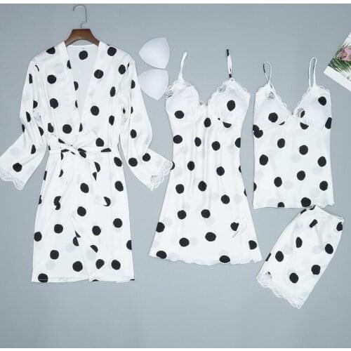 White Womans 4PC Pajamas Strap Top Pants Suit Sleepwear Sets Spring Home Wear Nightwear Sexy Kimono Robe Bath Gown Bathrobe