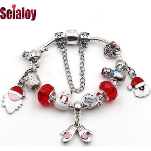 Seialoy Colored Christmas Tree Charm Bracelets For Women Original Red Crystal Santa Portrait Beads Fine Bracelet Bangle Gifts
