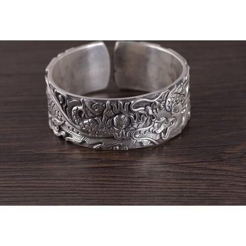 S990 silver hand engraved good luck dragon auspicious moiré wide version men open Cuff Bracelet Thai silver Dragon Phonix Bangle