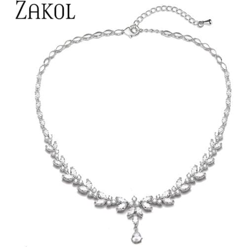 ZAKOL Luxury Exquisite Marquise Cut Cubic Zircon Leaf Necklaces For Women Fashion Bridal Wedding Party Jewelry Accessories