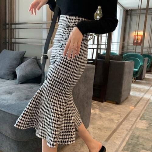 Plaid Knitted Skirt Black Gray Elegant Midi Skirt Evening Night Party Skirt Women Spring Autumn Winter mujer faldas