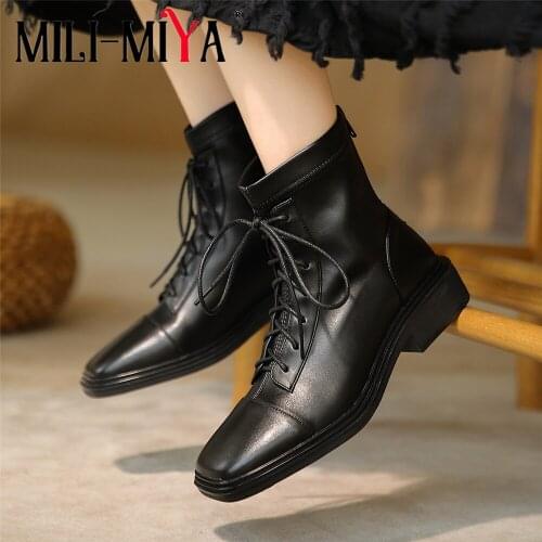 MILI-MIYA Top Quality Leather Comfortable Thick Heel Women Ankle Boots 2022 Solid Black Brown Fashion Square Toe Cross Tied Shoe