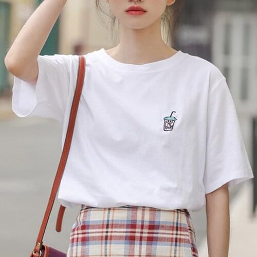 100% Cotton O-Neck Embroidery T-Shirts Women Short Sleeve Loose Casual Summer Basic Tops White All-match White Side Split Tops