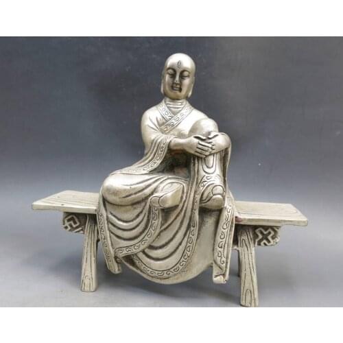 Zhmui88002840802+++7" Fine China Silver carved beautiful buddhism buddha on stool sculpture Statue