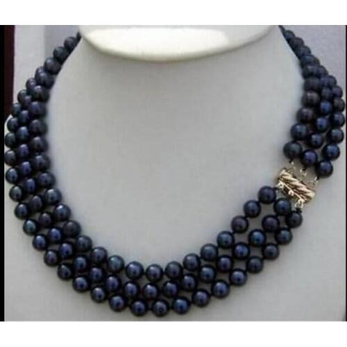 3 Rows 6mm 8mm 10mm black freshwater pearl choker Necklace Woman Jewelry 17'' - 19