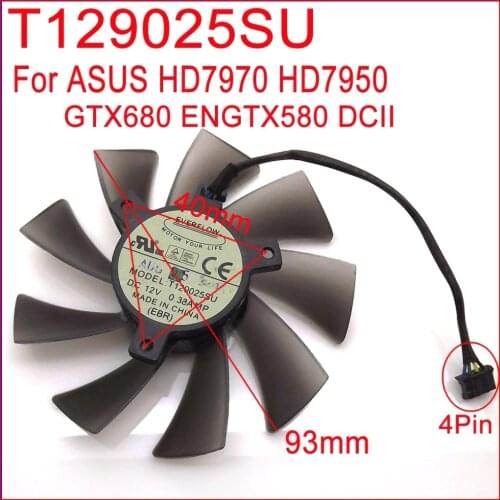 Free Shipping T129025SU 93mm 12V 0.38A 4Pin For ASUS HD7970 HD7950 GTX680 ENGTX580 DCII Graphics Card Fan Cooling Fan