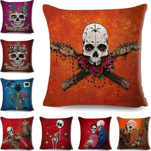 Mexico Day of the Dead Pillow Case Decor Watercolor Cartoon Music Skull Cushion Cover for Sofa Home Polyester Pillowcase 45x45cm