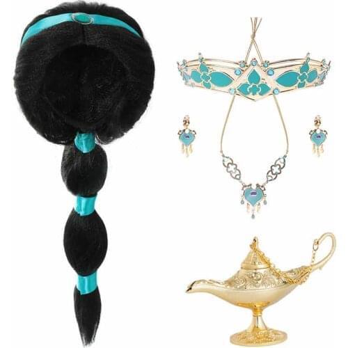 Girls Aladdin Princess Accessory Jasmine Party Tiara Crown Necklace Earrings Magic Lamp Synthetic Hair Kids Jasmine Dress up Wig