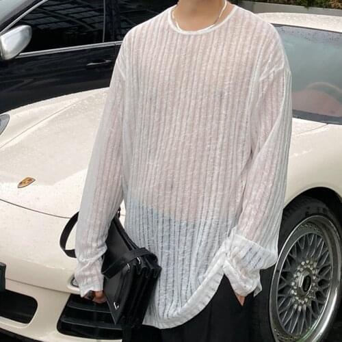 Autumn Oversize Thin T-shirt Mens Fashion Casual Black White O-neck Tshirt Street Korean Loose Striped T Shirt Mens Tops M-XL