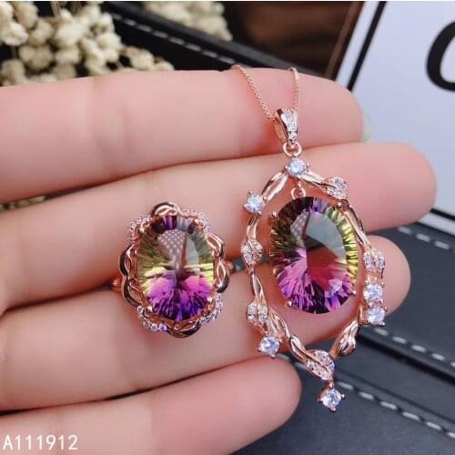 KJJEAXCMY fine jewelry Ametrine 925 sterling silver women gemstone pendant necklace chain ring set trendy
